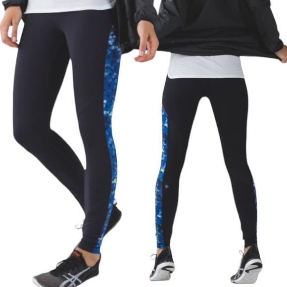 Lululemon Rain-On Train-On Women's Black Blue Full Length Leggings Size 8 - Picture 1 of 13